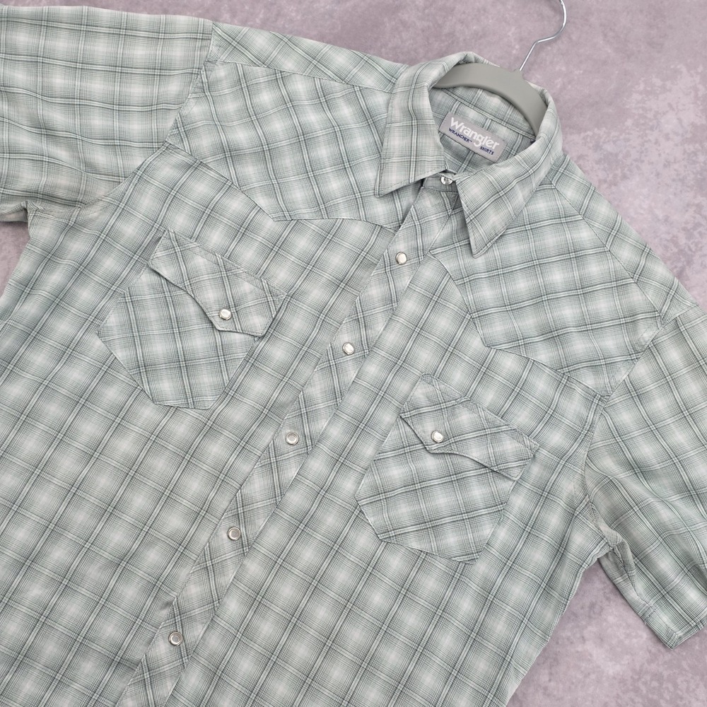Wrangler Wrancher Men's Short Sleeve Plaid Western Pearl Snap Shirt Green Medium